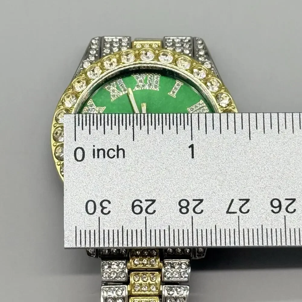 Mens Two Tone Iced Out Watch Green Sunray Dial Roman Numerals Bling Calendar